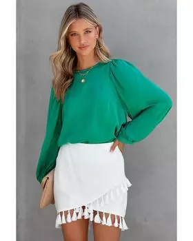 Azura Exchange Блузка с длинными рукавами и круглым вырезом из атласа M зелёный