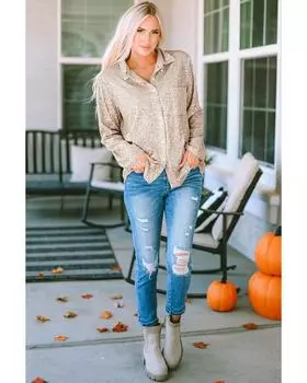 Azura Exchange Sequin Collared Bust Pocket Buttoned Shirt M абрикосовый