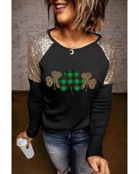 Azura Exchange Sequin Patchwork Plaid Leopard Long Sleeve Top M чёрный