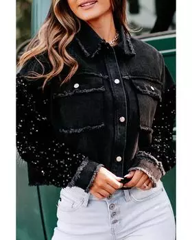 Azura Exchange Джинсовая куртка с пайетками на рукавах и карманами, необработанным краем L чёрный