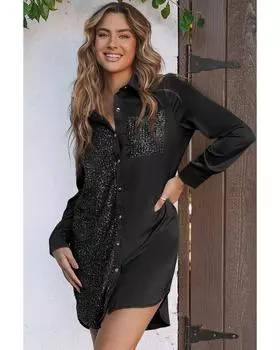 Azura Exchange Платье-рубашка с пуговицами и пайетками S чёрный