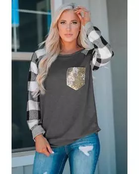 Azura Exchange Sequined Pocket Plaid Long Sleeve Top XL серый