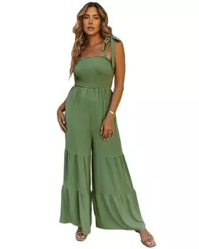 Azura Exchange Shirred Bodice Tiered Wide Leg Jumpsuit with Tie Straps L зелёный