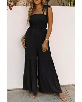 Azura Exchange Shirred Bodice Tiered Wide Leg Jumpsuit with Tie Straps S чёрный