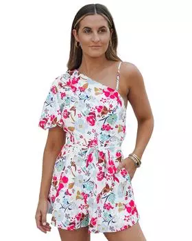 Azura Exchange Single Bubble Sleeve Slant Shoulder Romper XL белый