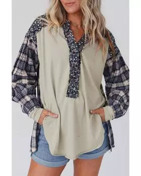 Azura Exchange Синий топ в клетку с цветочным принтом и рукавами епископа в стиле пэчворк L синий