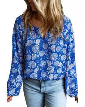 Azura Exchange Синяя блузка с длинными рукавами и V-образным вырезом с цветочным узором M синий