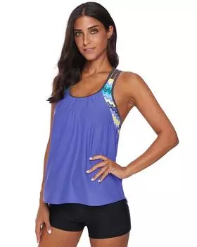 Azura Exchange Sky Blue Blouson Striped Printed Strappy T-Back Push up Tankini Top 2XL небесно-голубой