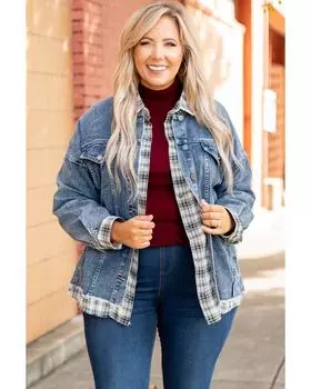 Azura Exchange Sky Blue Plaid Hem Splicing Plus Size Denim Jacket 1X небесно-голубой