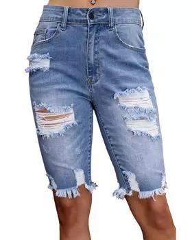Azura Exchange Sky Blue Ripped Tassel Bermuda Denim Shorts M небесно-голубой