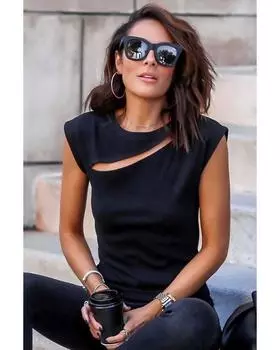 Azura Exchange Футболка с вырезом на косой кромке и рукавами-крылышками XL чёрный