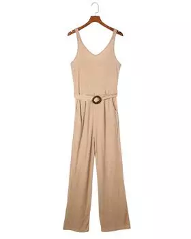 Azura Exchange Sleeveless Knit Jumpsuit with Buckle Sash L абрикосовый