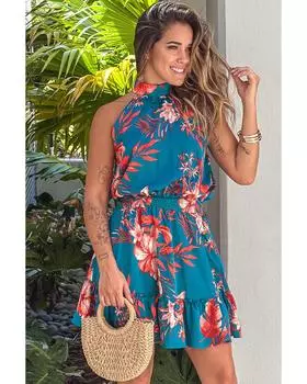 Azura Exchange Sleeveless Ruffled Mini Dress with Floral Print XL небесно-голубой