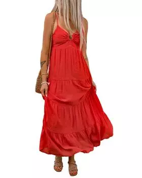 Azura Exchange Платье макси с присборенной спинкой и ярусами XL красный
