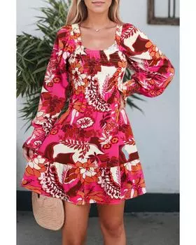 Azura Exchange Smocked Square Neck Bubble Sleeve Dress L ярко-розовый