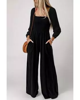 Azura Exchange Комбинезон с широкими штанинами и длинными рукавами, присборенный квадратный вырез S чёрный