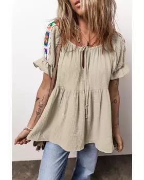 Azura Exchange Блузка дымчато-серого цвета с вышитыми складками, заплатками и рукавами-пузырями, завязанным воротом M серый/дым