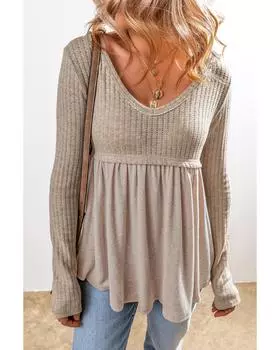 Azura Exchange Дымчато-серый текстурированный топ Babydoll с длинными рукавами и V-образным вырезом XL серый/дым