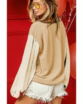 Azura Exchange Блузка дымчато-серого цвета с текстурой в стиле пэчворк с круглым вырезом и рукавами-фонариками S серый/дым