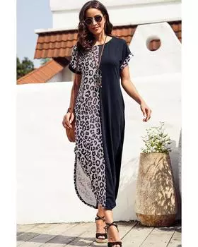 Azura Exchange Платье-футболка с короткими рукавами и леопардовым принтом, с разрезами S чёрный