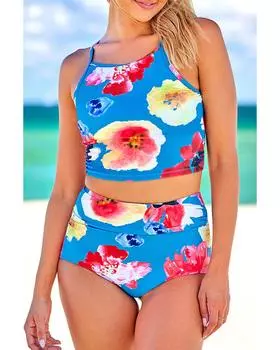 Azura Exchange Комплект танкини на тонких бретельках с цветочным принтом S синий