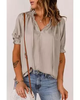 Azura Exchange Split Frill Neck Puff Sleeve Blouse L хаки