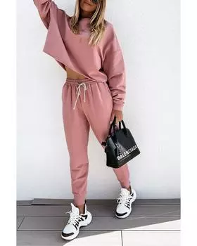 Azura Exchange Sporty Boxy Fit Pullover & Pants Outfit M розовый