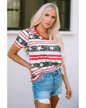 Azura Exchange Star and Stripe Print V-Neck T-Shirt M серый