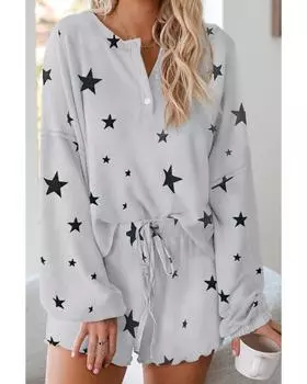 Azura Exchange Star Print Knit Pajamas Set S серый