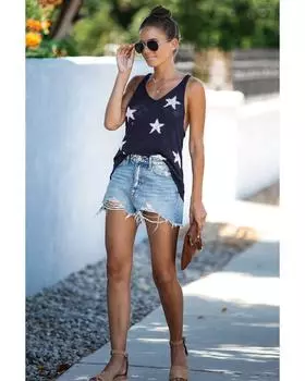 Azura Exchange Star Print V Neck Tank Top XL синий