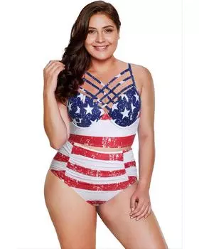 Azura Exchange Strappy Neck High Waist Swimsuit in American Flag Design 3XL разноцветный