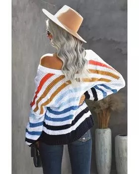 Azura Exchange Stripe Bubblegum V-Neck Braided Knit Sweater L разноцветный