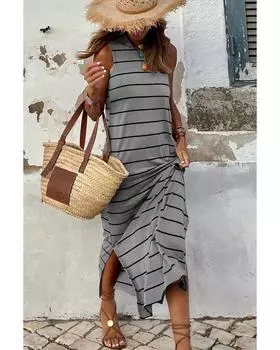 Azura Exchange Stripe Print Open Back Maxi Dress with Slits L серый