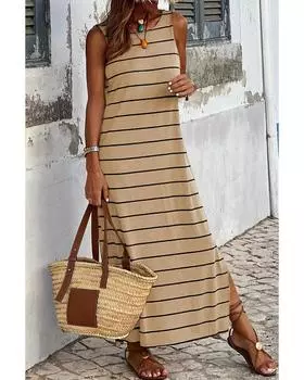 Azura Exchange Stripe Print Open Back Maxi Dress with Slits M хаки
