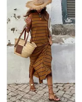 Azura Exchange Stripe Print Open Back Sleeveless Maxi Dress S коричневый