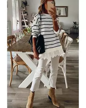 Azura Exchange Полосатый топ с застежкой на пуговицы и спущенным плечом, кружевной топ с вставками M белый