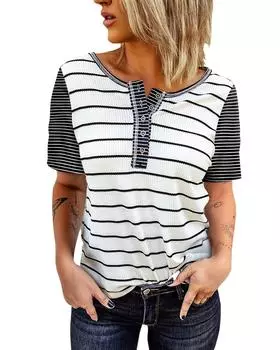 Azura Exchange Striped Colorblock Buttons T Shirt S белый