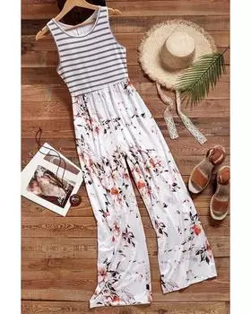 Azura Exchange Полосатый цветочный комбинезон без рукавов M белый