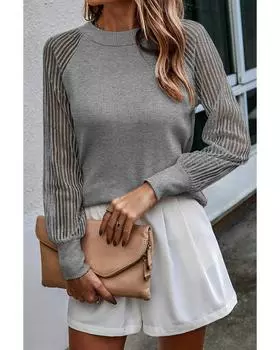 Azura Exchange Striped Mesh Long Sleeve Ribbed Top XL серый