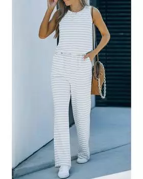 Azura Exchange Striped Print Pocketed Jumpsuit S белый