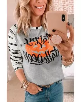 Azura Exchange Striped Pumpkin Print Halloween Blouse M серый