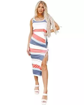 Azura Exchange Striped Ribbed Knit Lace-up Slit Tank Dress M разноцветный