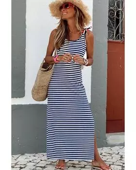 Azura Exchange Striped Sleeveless Maxi Dress with Slit L синий