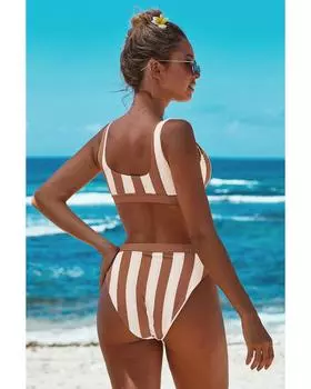 Полосатый купальник-бикини Azura Exchange с высокой талией M коричневый