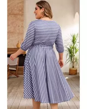 Azura Exchange Striped Tie Waist 3/4 Sleeve Dress 3X серый