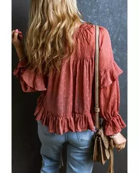 Azura Exchange Swiss Dot Lace Up V Neck Ruffled Blouse M красный