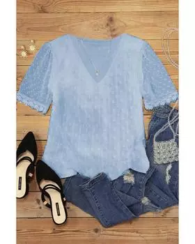 Azura Exchange Swiss Dot Lace V Neck Shirt S небесно-голубой