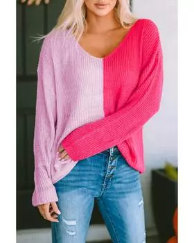 Azura Exchange Свитер с цветными блоками и V-образным вырезом M розовый