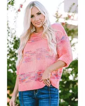 Azura Exchange Свитер с цветными полосками и рукавами 3/4 XL ярко-розовый