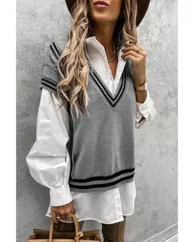 Azura Exchange Свитер с короткими рукавами и V-образным вырезом в контрастные полосы L серый